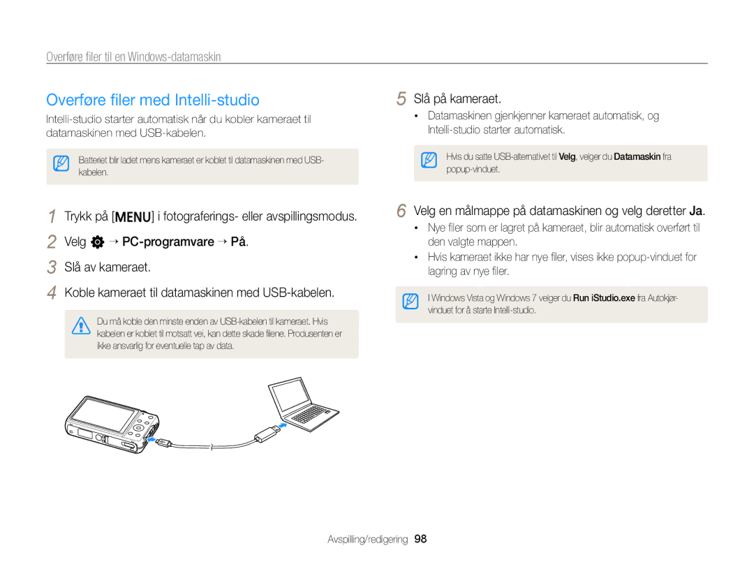 Samsung EC-ST96ZZBPBE2 manual Overføre ﬁler med Intelli-studio, Overføre ﬁler til en Windows-datamaskin 