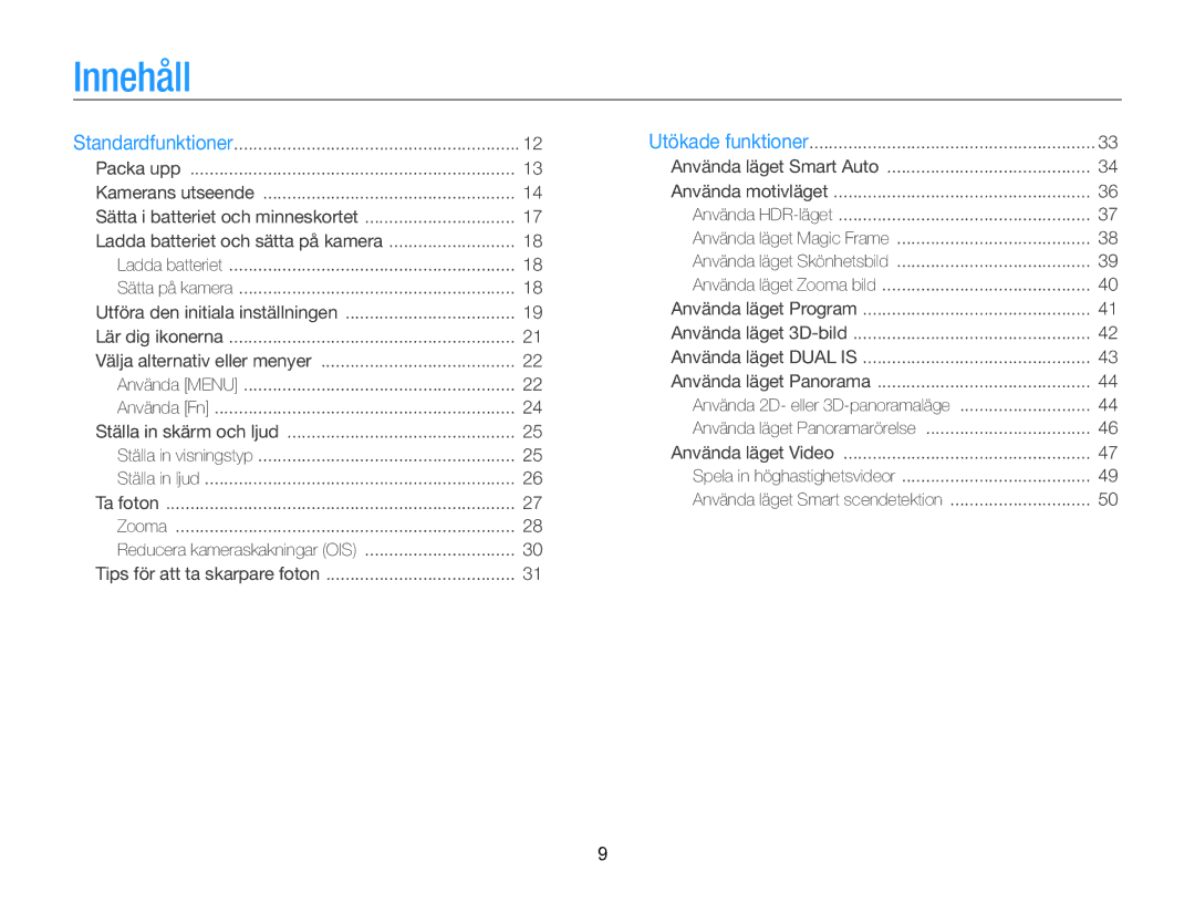 Samsung EC-ST96ZZBPBE2 manual Innehåll 