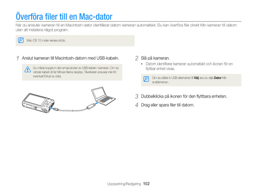 Samsung EC-ST96ZZBPBE2 manual Överföra ﬁler till en Mac-dator, Anslut kameran till Macintosh-datorn med USB-kabeln 