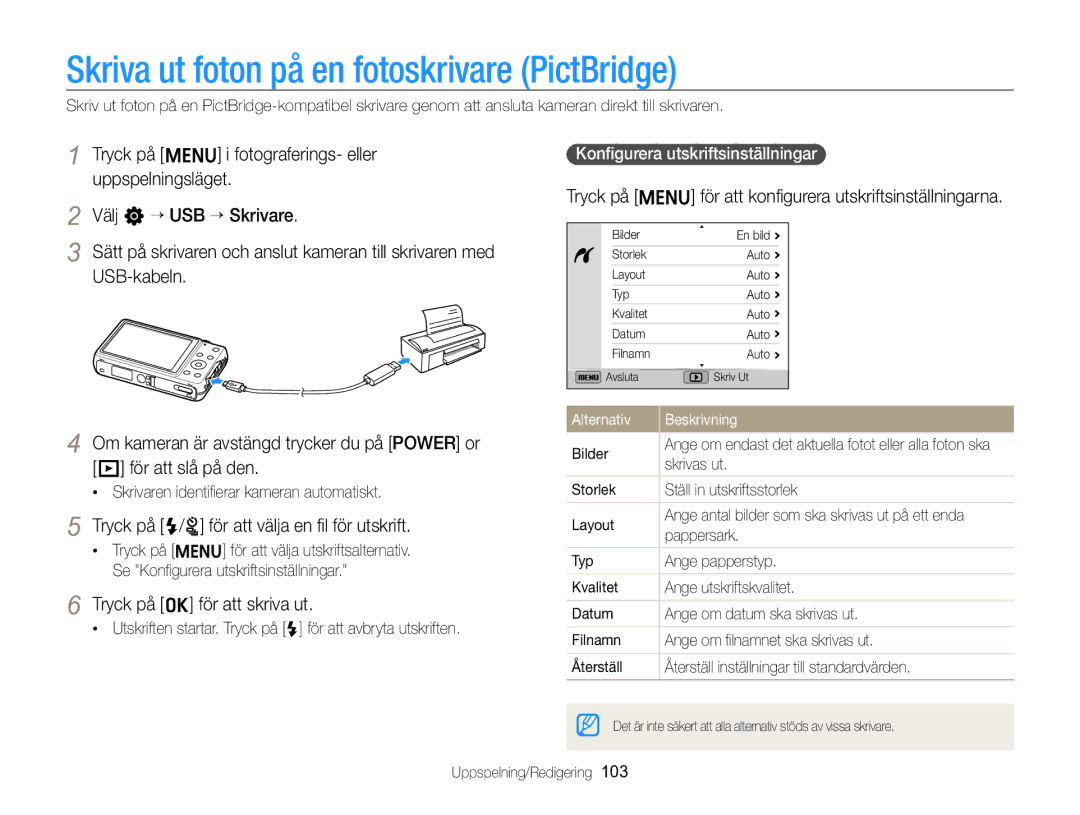 Samsung EC-ST96ZZBPBE2 manual Skriva ut foton på en fotoskrivare PictBridge, Tryck på F/t för att välja en ﬁl för utskrift 