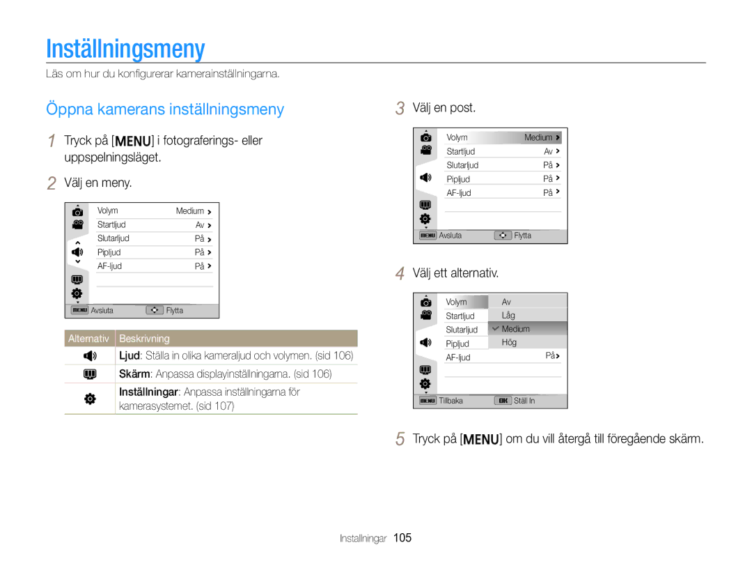 Samsung EC-ST96ZZBPBE2 manual Inställningsmeny, Öppna kamerans inställningsmeny, Välj en post 