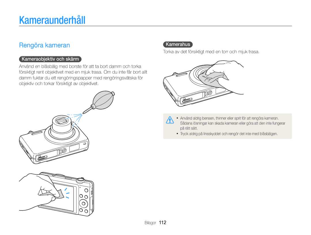 Samsung EC-ST96ZZBPBE2 manual Kameraunderhåll, Rengöra kameran, Kameraobjektiv och skärm, Kamerahus 