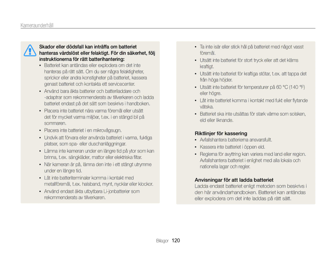 Samsung EC-ST96ZZBPBE2 manual Använd bara äkta batterier och batteriladdare och 