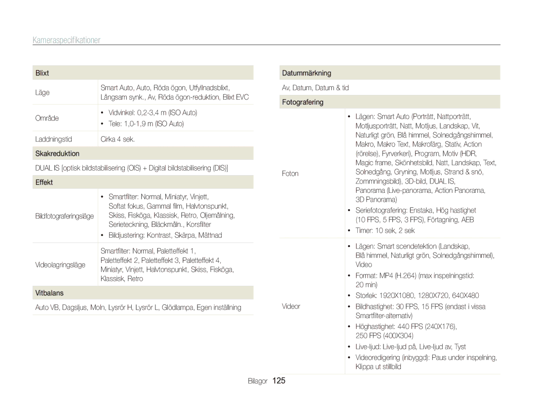 Samsung EC-ST96ZZBPBE2 manual Kameraspeciﬁkationer 