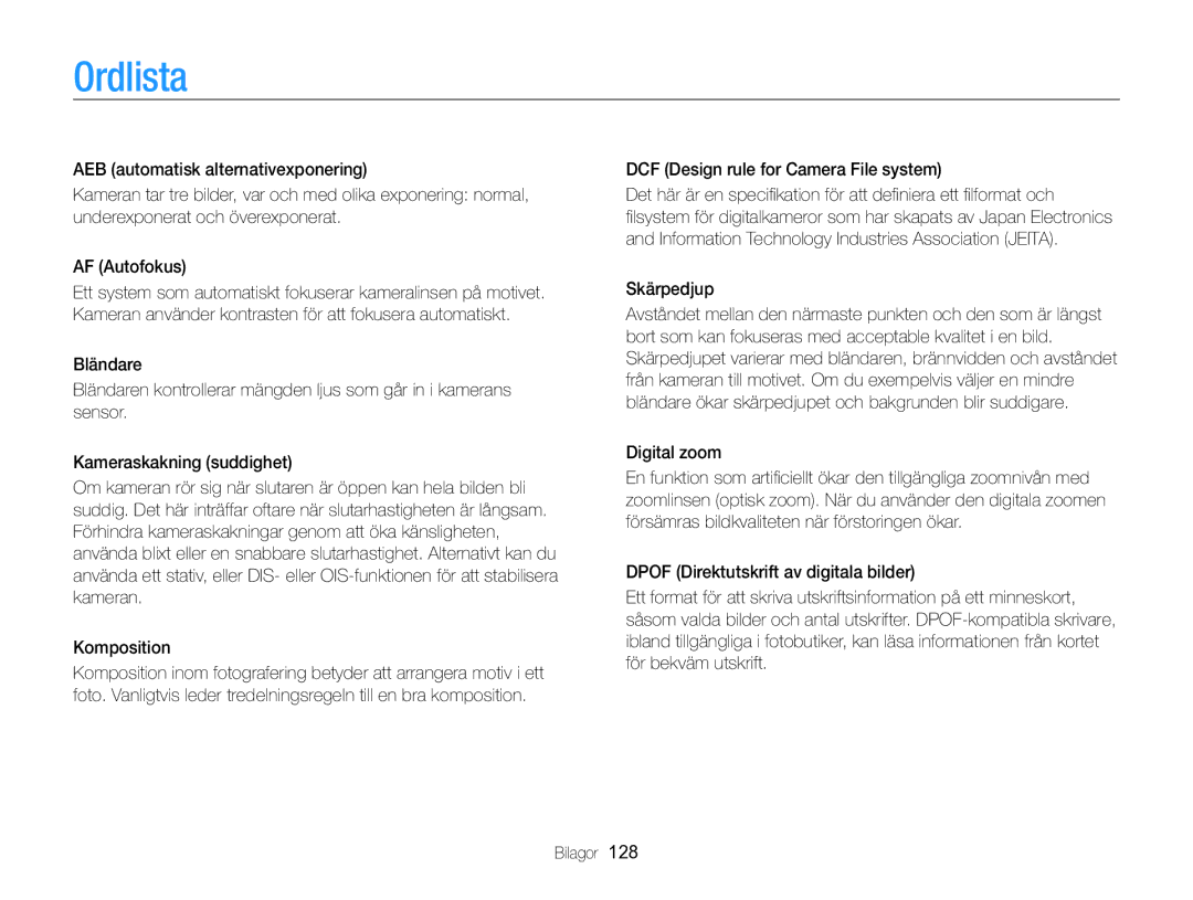 Samsung EC-ST96ZZBPBE2 manual Ordlista, DCF Design rule for Camera File system, Skärpedjup 