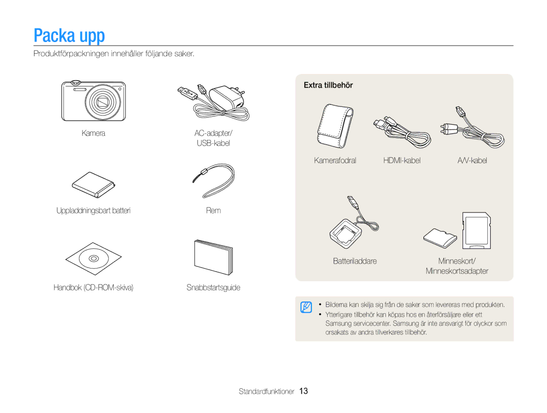 Samsung EC-ST96ZZBPBE2 manual Packa upp, Kamerafodral HDMI-kabel, Uppladdningsbart batteri, Standardfunktioner 