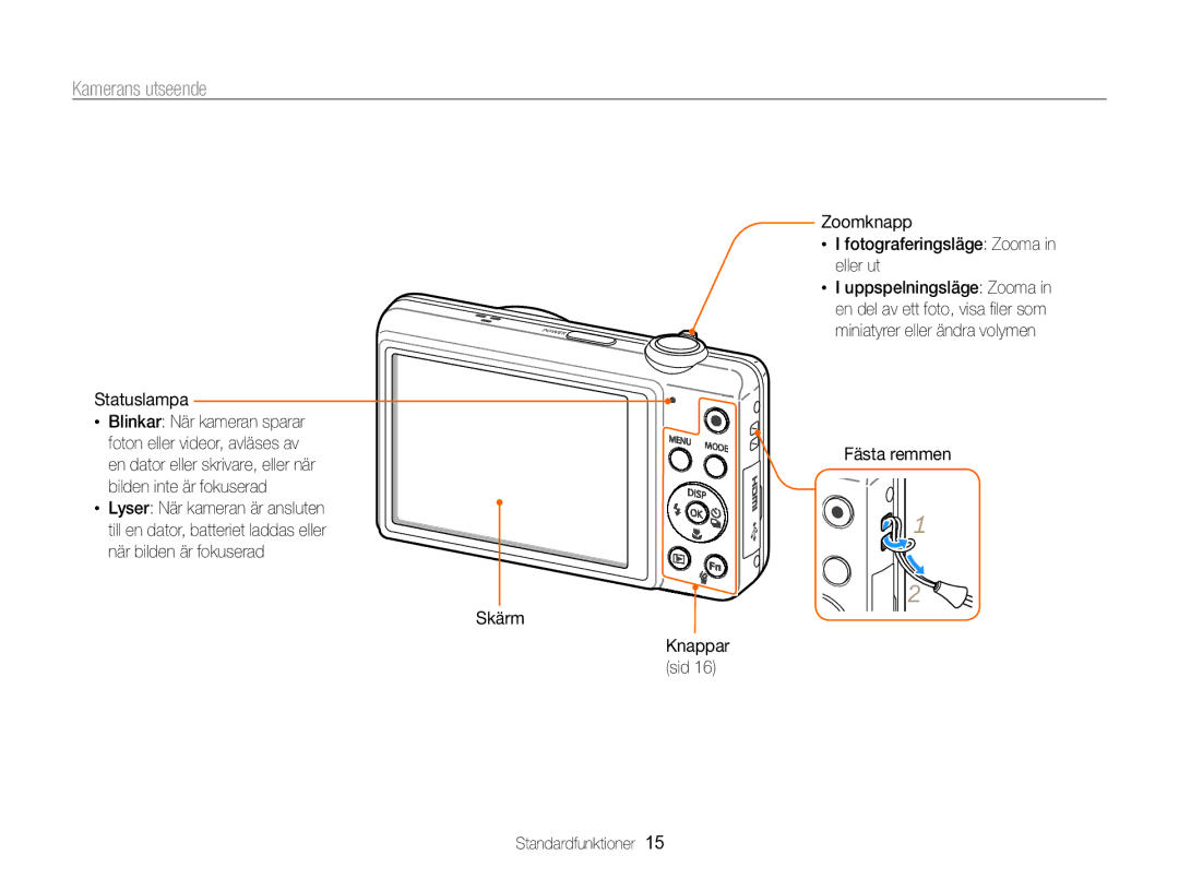 Samsung EC-ST96ZZBPBE2 manual Kamerans utseende, Statuslampa, Zoomknapp Fotograferingsläge Zooma in eller ut 