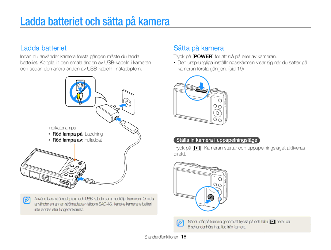 Samsung EC-ST96ZZBPBE2 manual Ladda batteriet och sätta på kamera, Sätta på kamera, Ställa in kamera i uppspelningsläge 