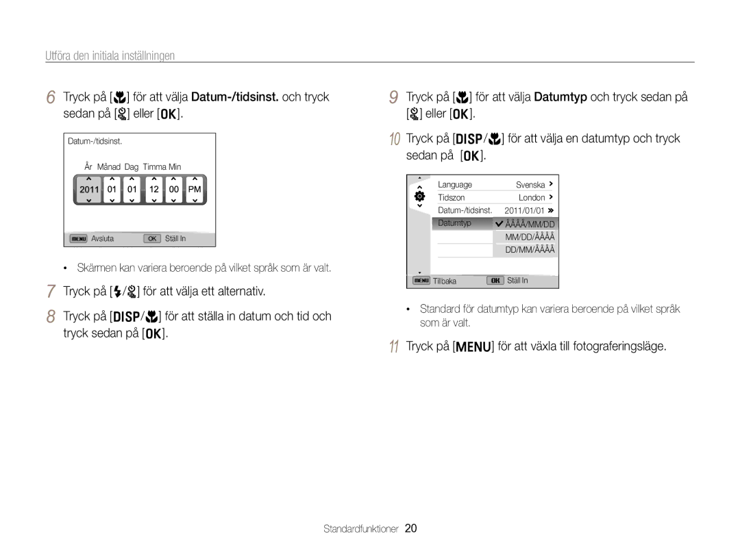 Samsung EC-ST96ZZBPBE2 manual Utföra den initiala inställningen, Tryck på m för att växla till fotograferingsläge 