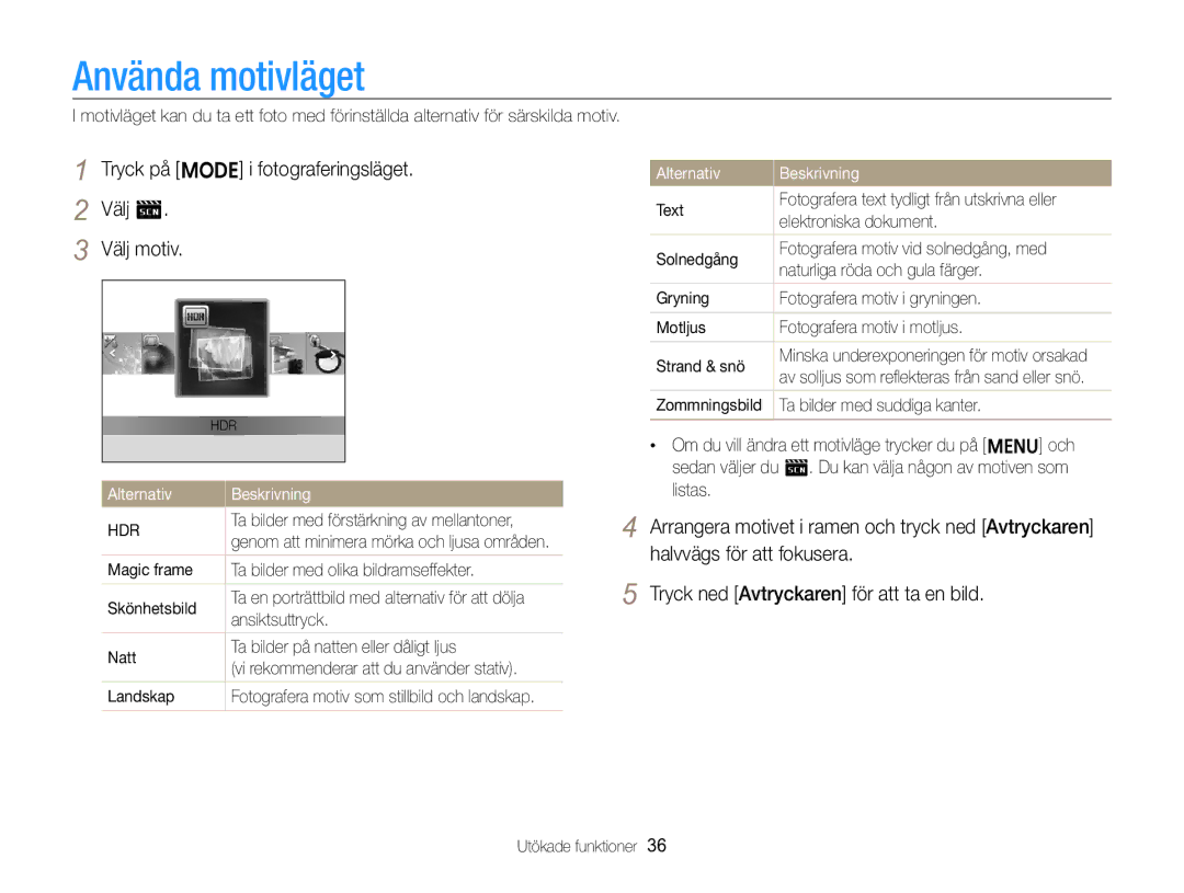 Samsung EC-ST96ZZBPBE2 manual Använda motivläget, Tryck på M i fotograferingsläget Välj s Välj motiv 