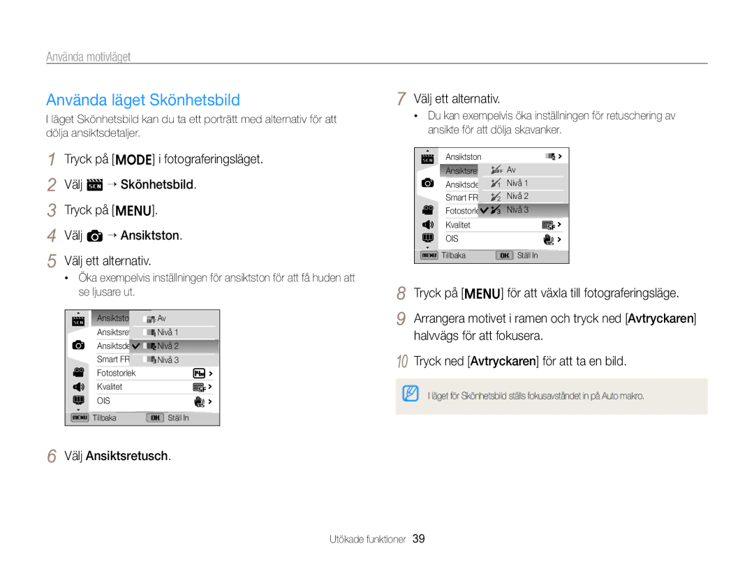 Samsung EC-ST96ZZBPBE2 manual Använda läget Skönhetsbild, Välj Ansiktsretusch 