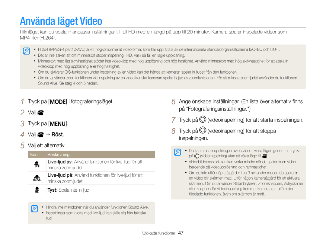 Samsung EC-ST96ZZBPBE2 manual Använda läget Video, Ikon Beskrivning 