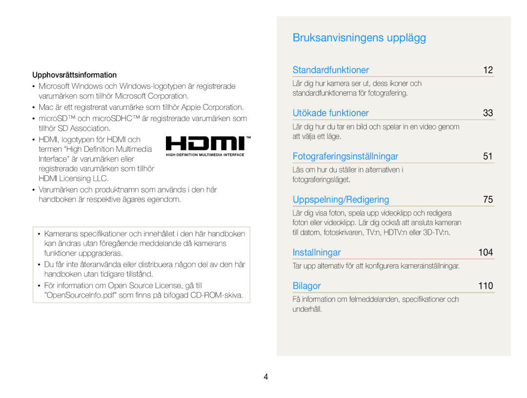 Samsung EC-ST96ZZBPBE2 manual Bruksanvisningens upplägg, 104, 110 