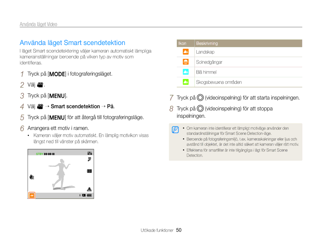 Samsung EC-ST96ZZBPBE2 manual Använda läget Smart scendetektion, Videoinspelning för att stoppa, Inspelningen 