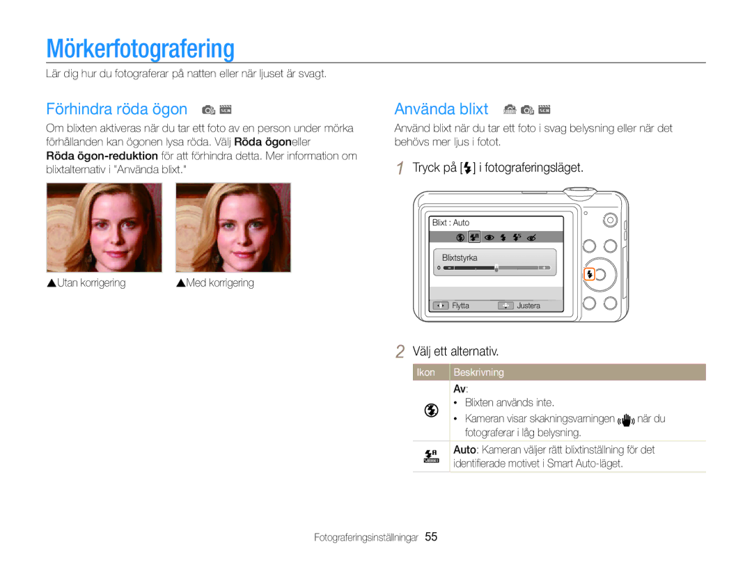 Samsung EC-ST96ZZBPBE2 Mörkerfotografering, Förhindra röda ögon p s, Använda blixt S p s, Tryck på F i fotograferingsläget 