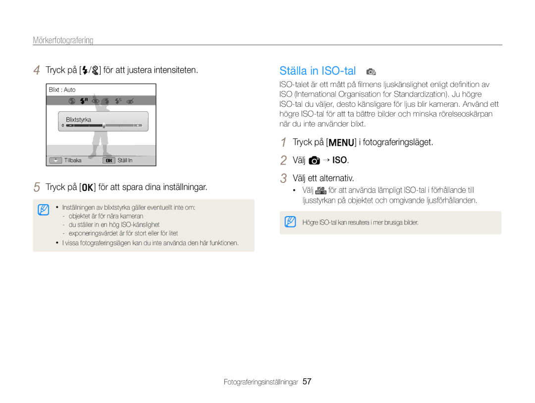 Samsung EC-ST96ZZBPBE2 manual Ställa in ISO-tal p, Tryck på F/t för att justera intensiteten 