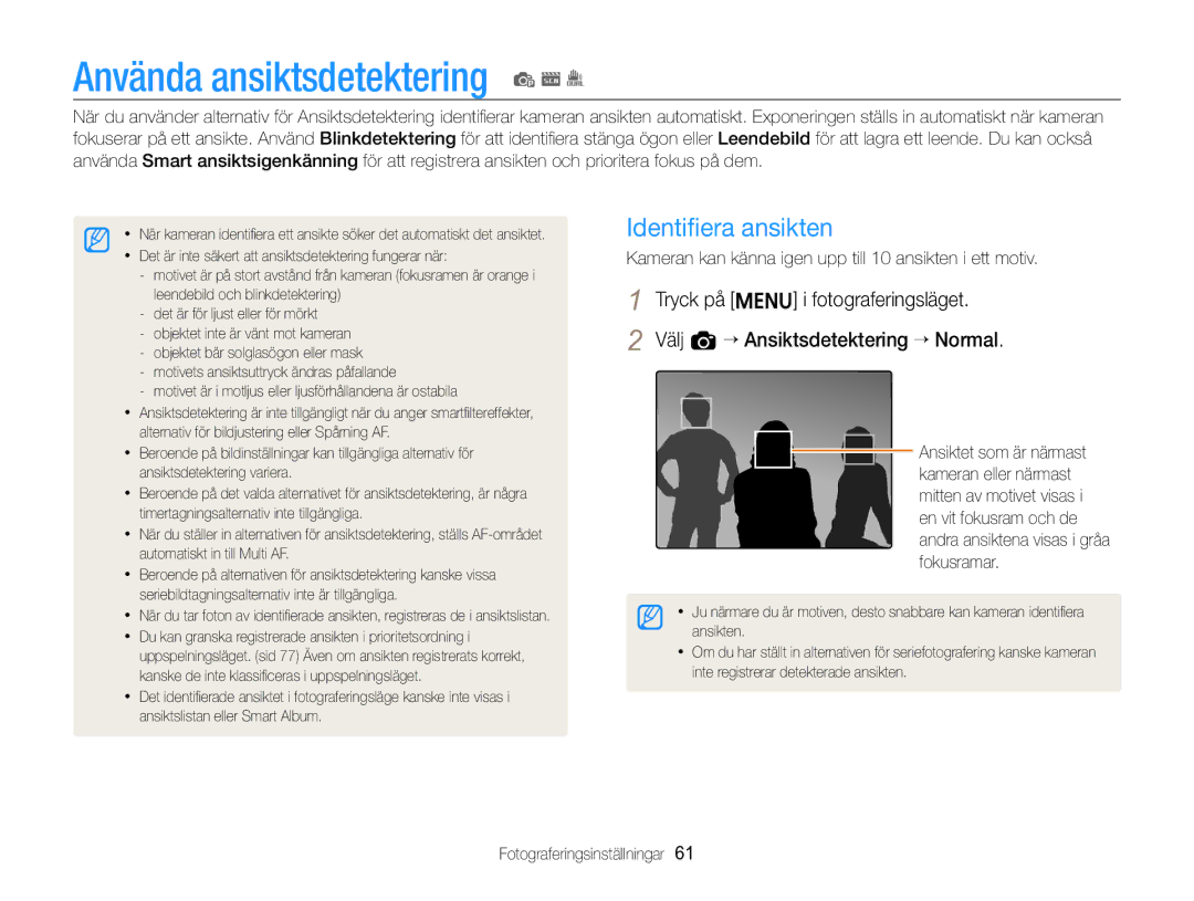 Samsung EC-ST96ZZBPBE2 manual Använda ansiktsdetektering p s, Identiﬁera ansikten 