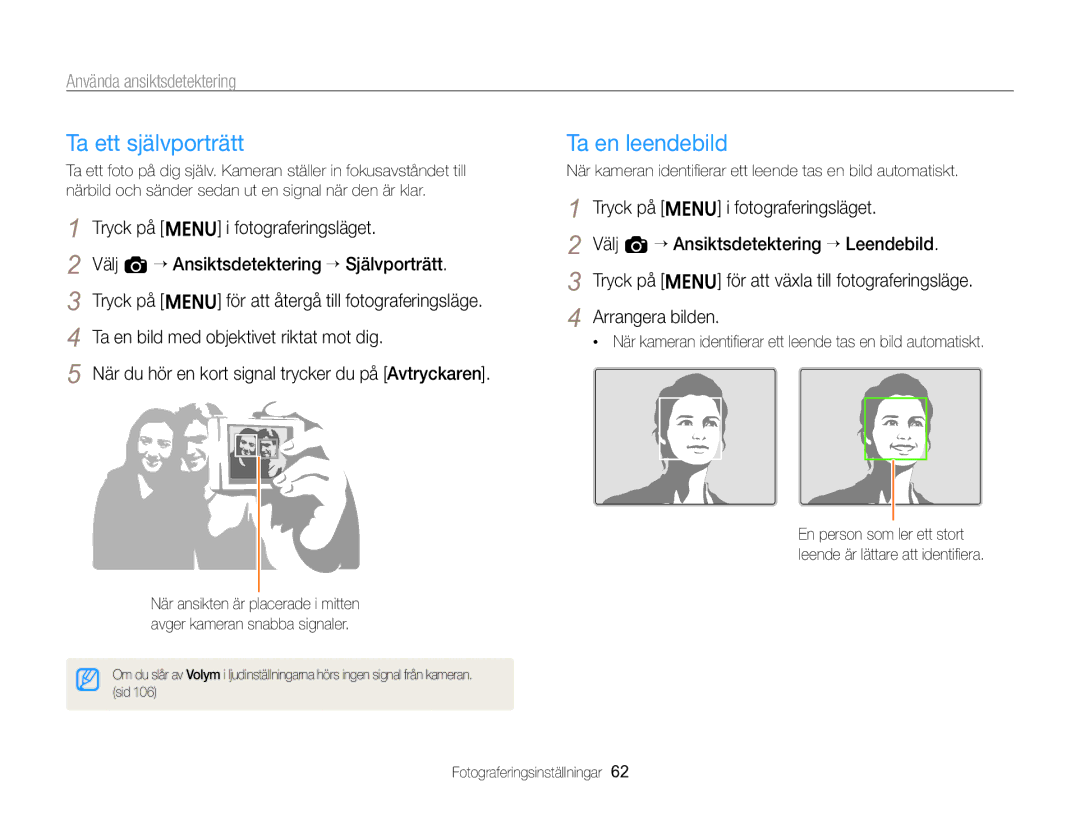 Samsung EC-ST96ZZBPBE2 manual Ta ett självporträtt, Ta en leendebild, Använda ansiktsdetektering 