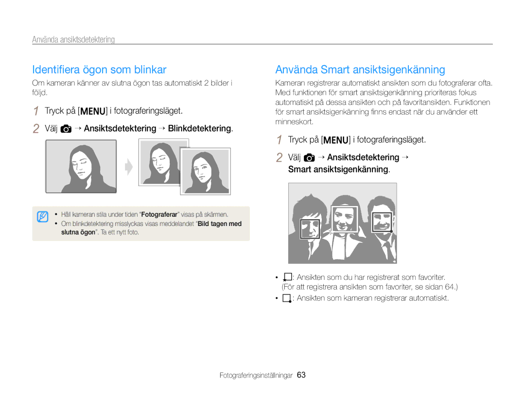 Samsung EC-ST96ZZBPBE2 manual Identiﬁera ögon som blinkar, Använda Smart ansiktsigenkänning 