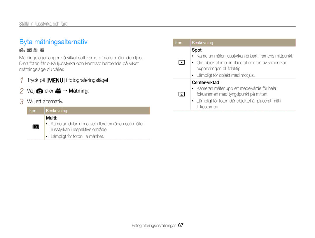 Samsung EC-ST96ZZBPBE2 manual Byta mätningsalternativ, Ställa in ljusstyrka och färg, Välj a eller v “ Mätning 