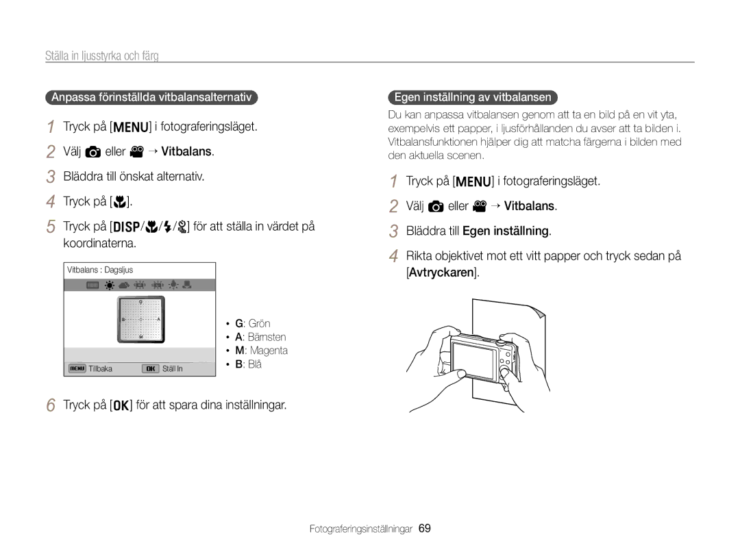 Samsung EC-ST96ZZBPBE2 manual Egen inställning av vitbalansen, Grön Bärnsten Magenta Blå 