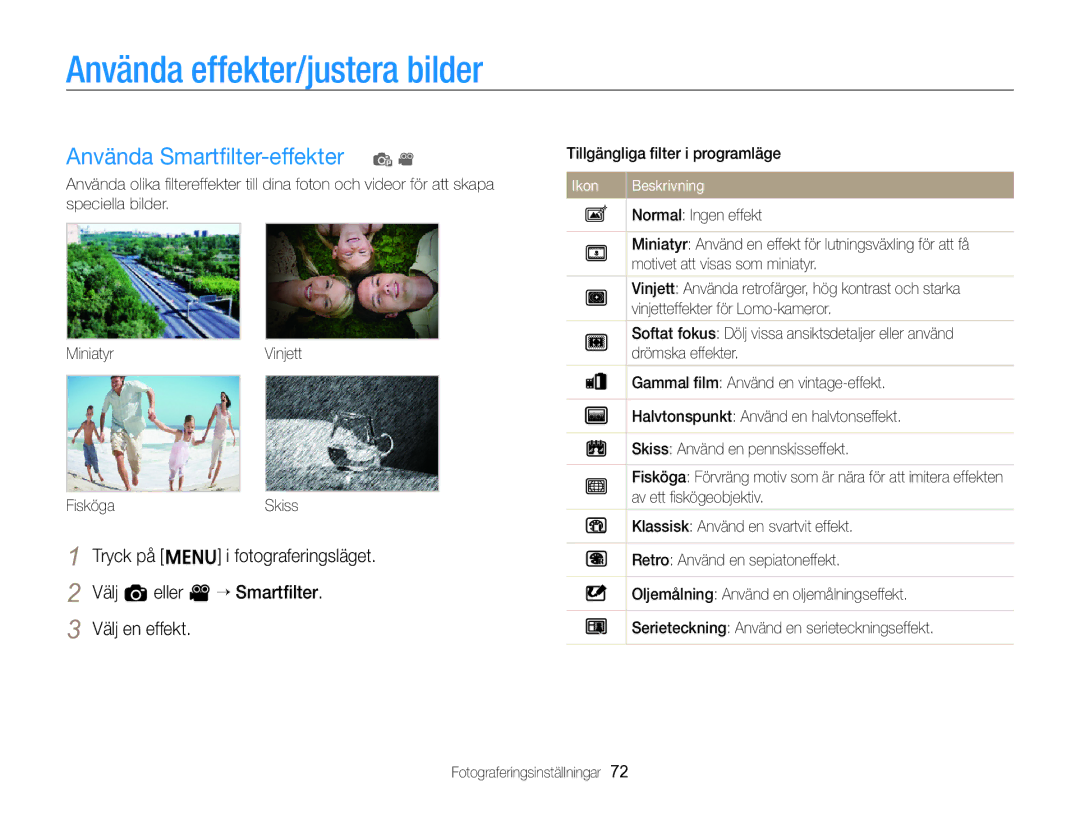 Samsung EC-ST96ZZBPBE2 manual Använda effekter/justera bilder, Använda Smartﬁlter-effekter p 