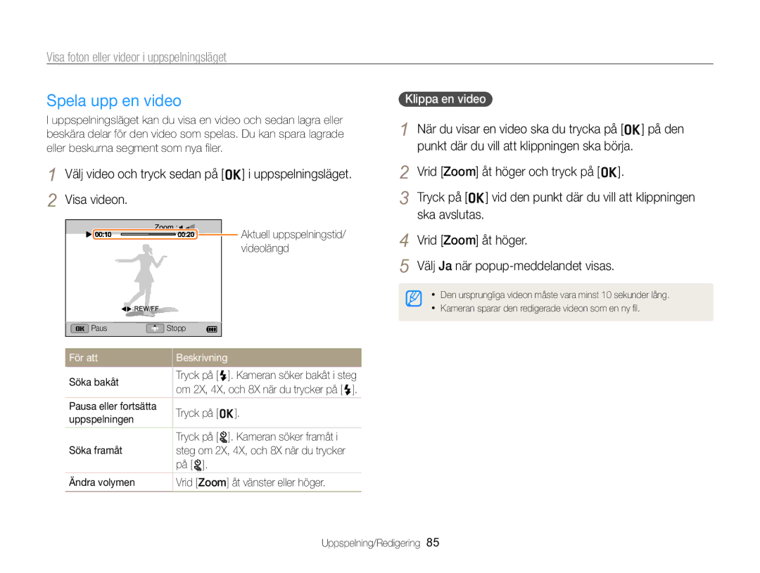 Samsung EC-ST96ZZBPBE2 manual Spela upp en video, Klippa en video 