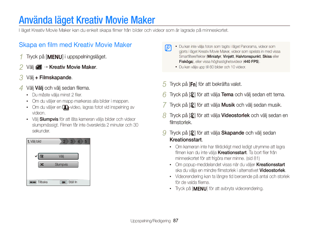 Samsung EC-ST96ZZBPBE2 manual Använda läget Kreativ Movie Maker, Skapa en ﬁlm med Kreativ Movie Maker 