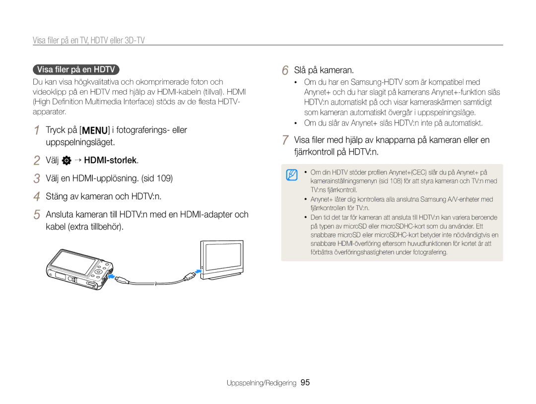 Samsung EC-ST96ZZBPBE2 manual Visa ﬁler på en TV, Hdtv eller 3D-TV, Visa ﬁler på en Hdtv 