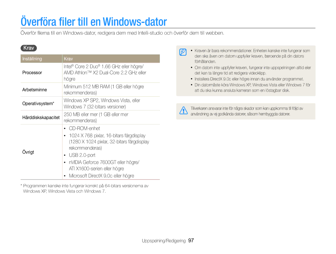 Samsung EC-ST96ZZBPBE2 manual Överföra ﬁler till en Windows-dator, Inställning Krav 