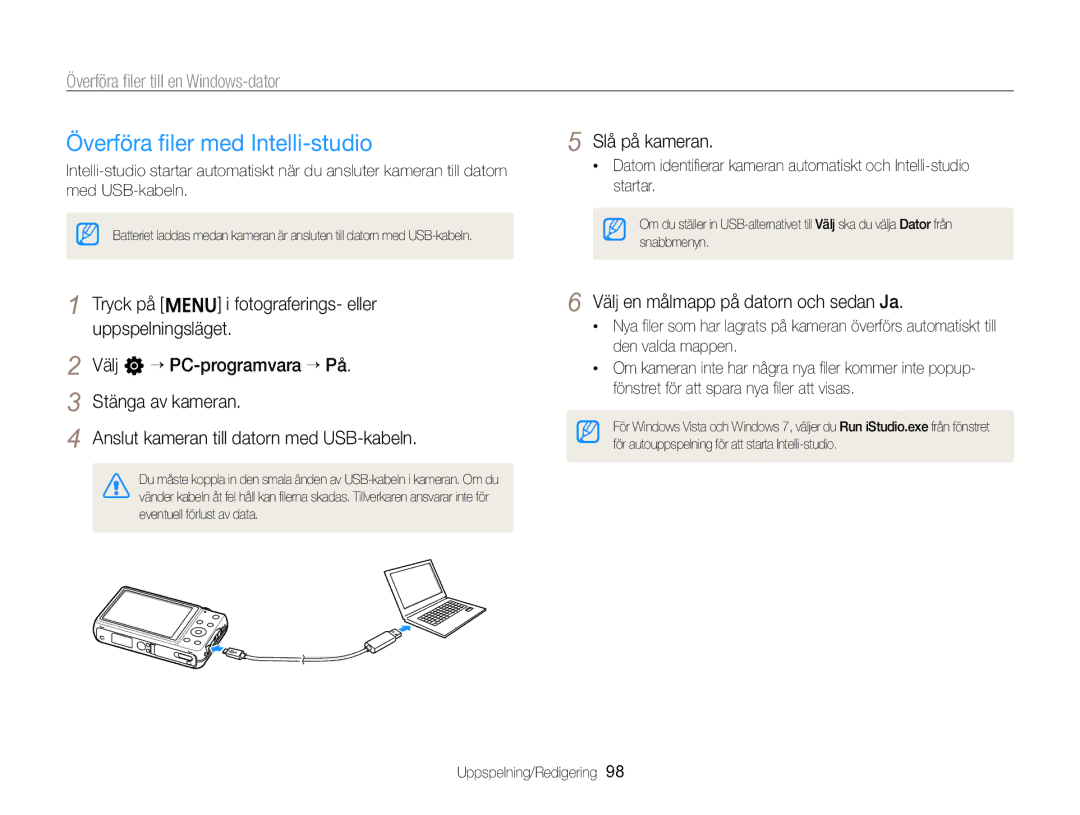 Samsung EC-ST96ZZBPBE2 manual Överföra ﬁler med Intelli-studio, Överföra ﬁler till en Windows-dator 