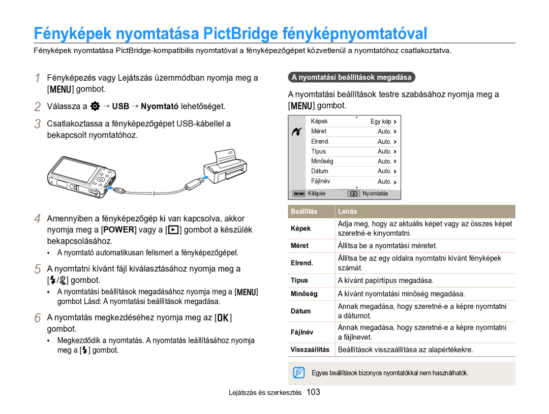 Samsung EC-ST96ZZBPBE2 manual Fényképek nyomtatása PictBridge fényképnyomtatóval 