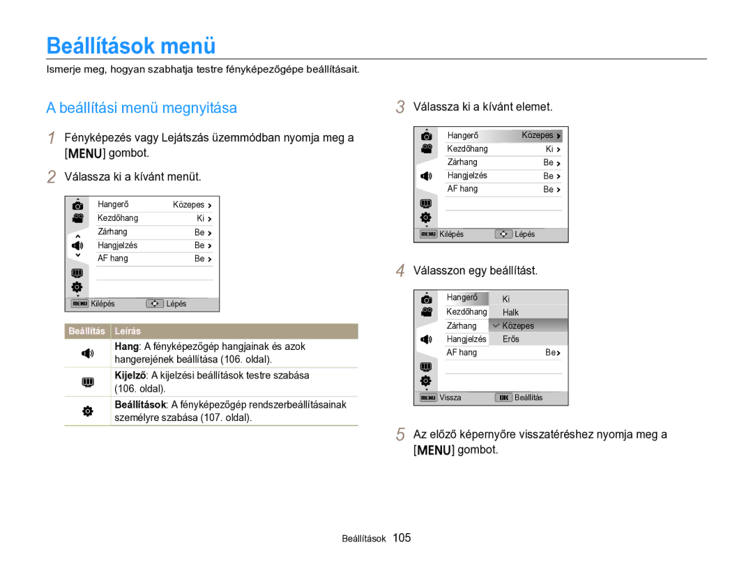 Samsung EC-ST96ZZBPBE2 manual Beállítások menü, Beállítási menü megnyitása, Válassza ki a kívánt elemet 