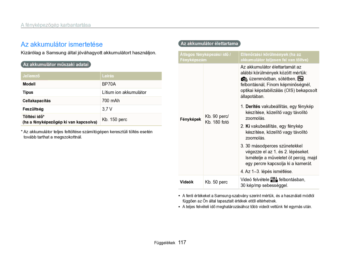 Samsung EC-ST96ZZBPBE2 manual Az akkumulátor ismertetése, Az akkumulátor műszaki adatai, Az akkumulátor élettartama 