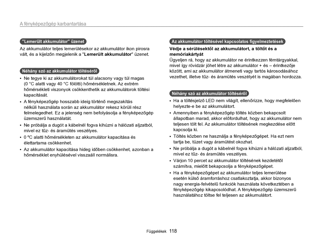 Samsung EC-ST96ZZBPBE2 manual Lemerült akkumulátor üzenet, Néhány szó az akkumulátor töltéséről 