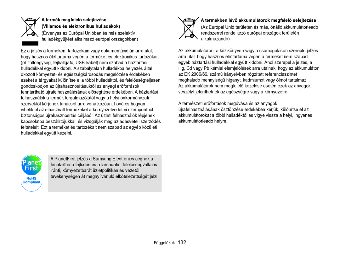 Samsung EC-ST96ZZBPBE2 manual Termékben lévő akkumulátorok megfelelő selejtezése 