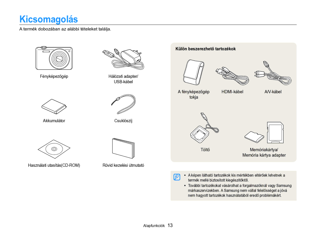 Samsung EC-ST96ZZBPBE2 manual Kicsomagolás, Külön beszerezhető tartozékok 