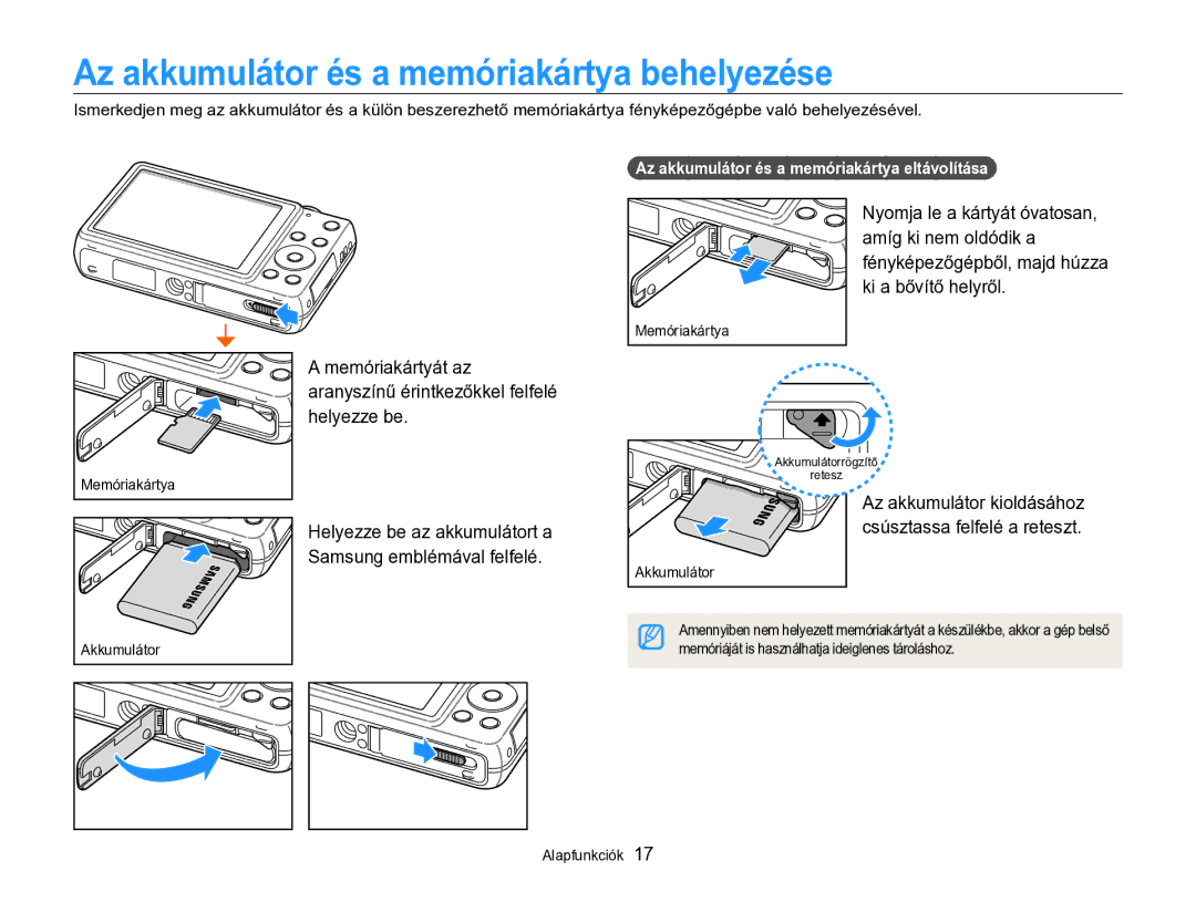 Samsung EC-ST96ZZBPBE2 manual Az akkumulátor és a memóriakártya behelyezése, Az akkumulátor és a memóriakártya eltávolítása 