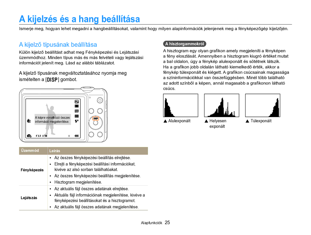 Samsung EC-ST96ZZBPBE2 manual Kijelzés és a hang beállítása, Alulexponált Helyesen, Exponált, Lejátszás 