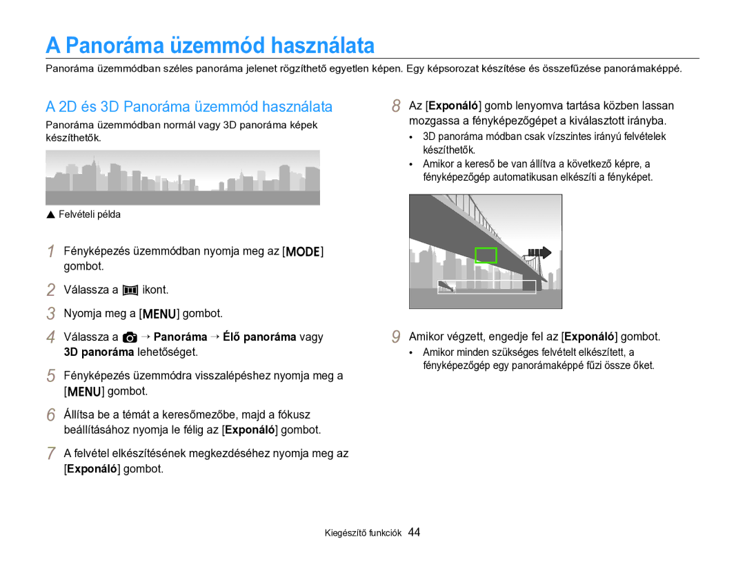 Samsung EC-ST96ZZBPBE2 manual 2D és 3D Panoráma üzemmód használata, Fényképezés üzemmódban nyomja meg az M 