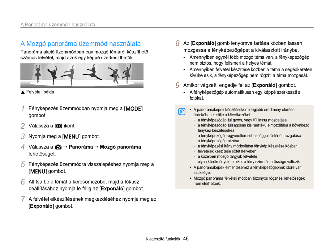 Samsung EC-ST96ZZBPBE2 Mozgó panoráma üzemmód használata, Lehetőséget, Fényképezés üzemmódra visszalépéshez nyomja meg a 