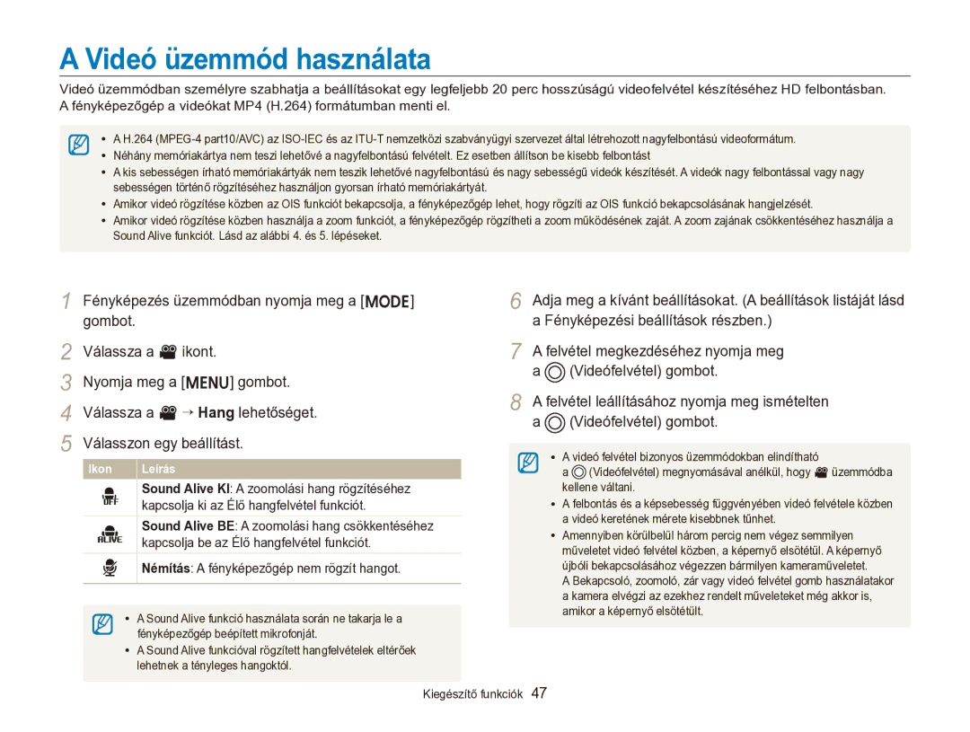 Samsung EC-ST96ZZBPBE2 manual Videó üzemmód használata 