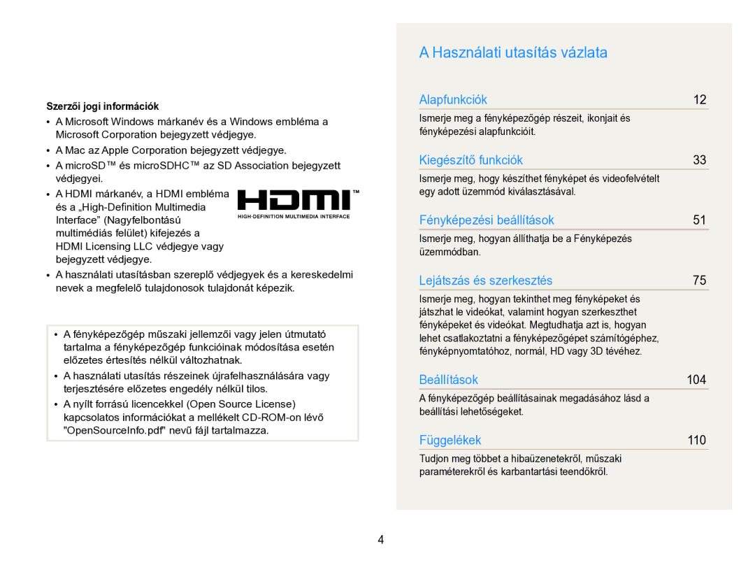 Samsung EC-ST96ZZBPBE2 manual Használati utasítás vázlata, Szerzői jogi információk, Egy adott üzemmód kiválasztásával 