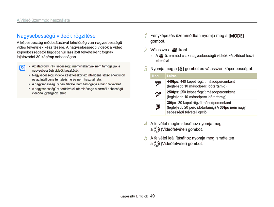 Samsung EC-ST96ZZBPBE2 manual Nagysebességű videók rögzítése, Válassza a v ikont 