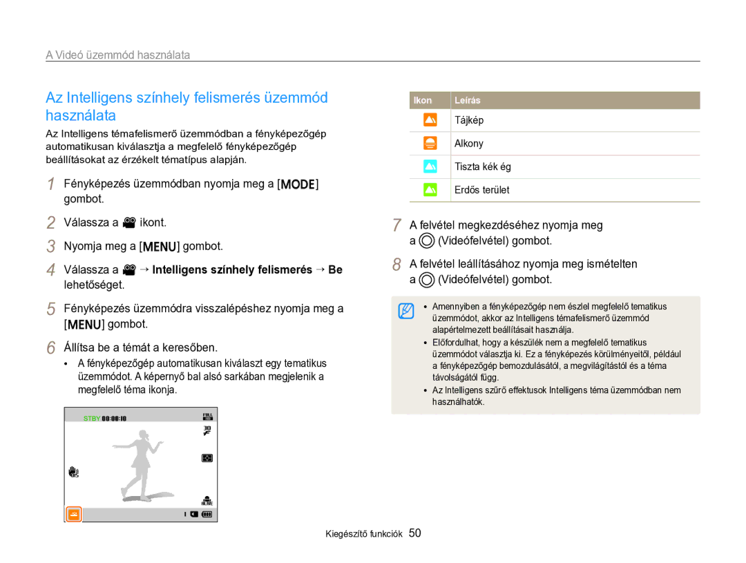 Samsung EC-ST96ZZBPBE2 manual Az Intelligens színhely felismerés üzemmód használata, Tájkép, Használhatók 