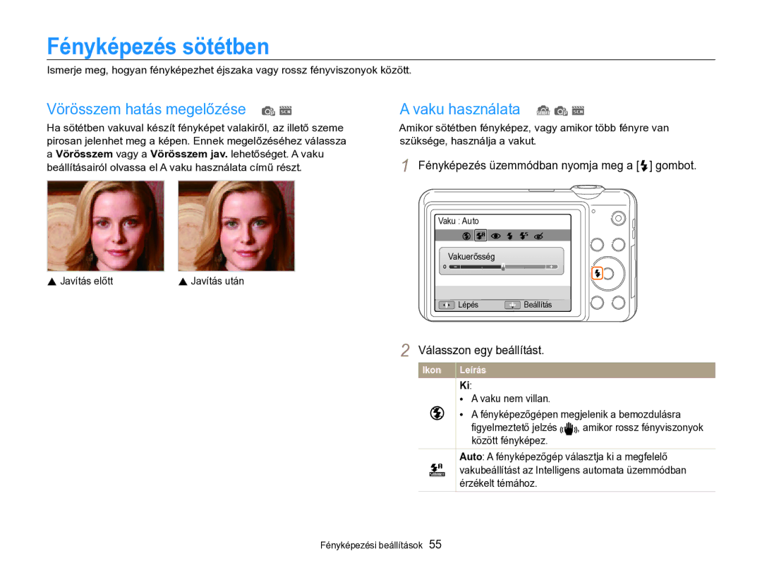 Samsung EC-ST96ZZBPBE2 manual Fényképezés sötétben, Vörösszem hatás megelőzése p s, Vaku használata S p s 