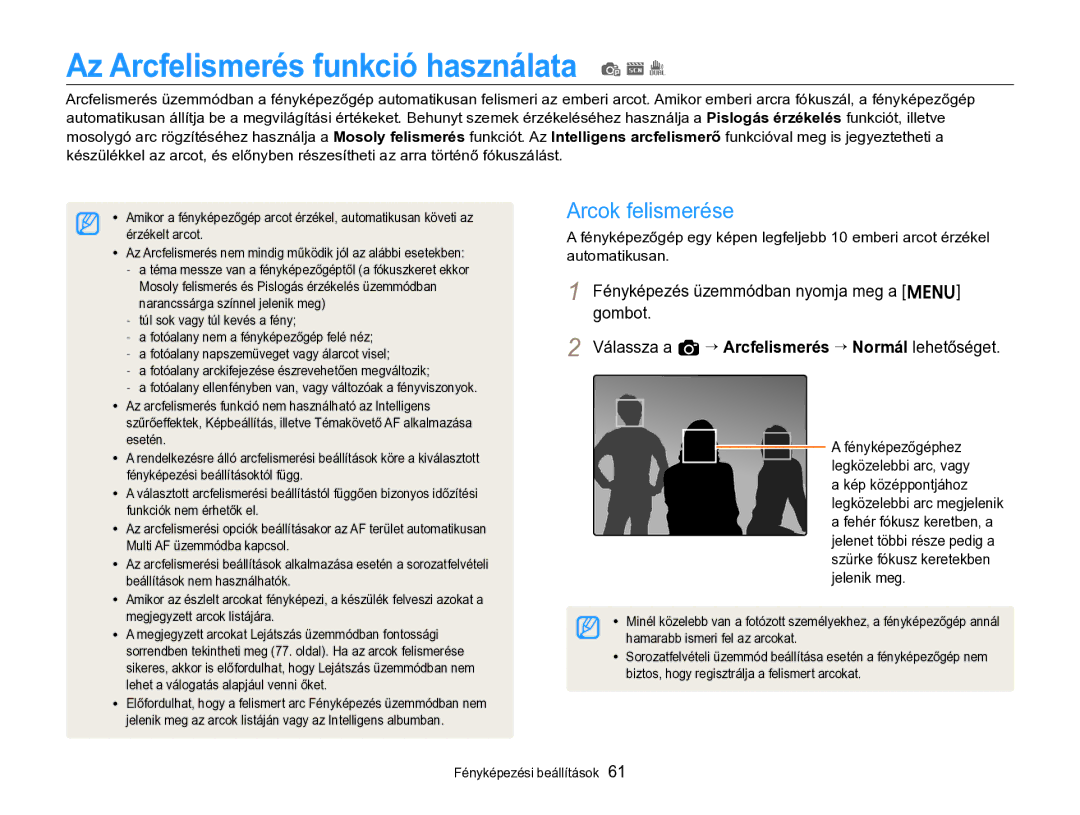 Samsung EC-ST96ZZBPBE2 manual Az Arcfelismerés funkció használata p s, Arcok felismerése, Hamarabb ismeri fel az arcokat 