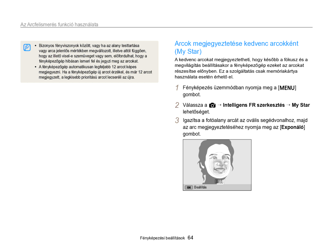 Samsung EC-ST96ZZBPBE2 manual Arcok megjegyeztetése kedvenc arcokként My Star 