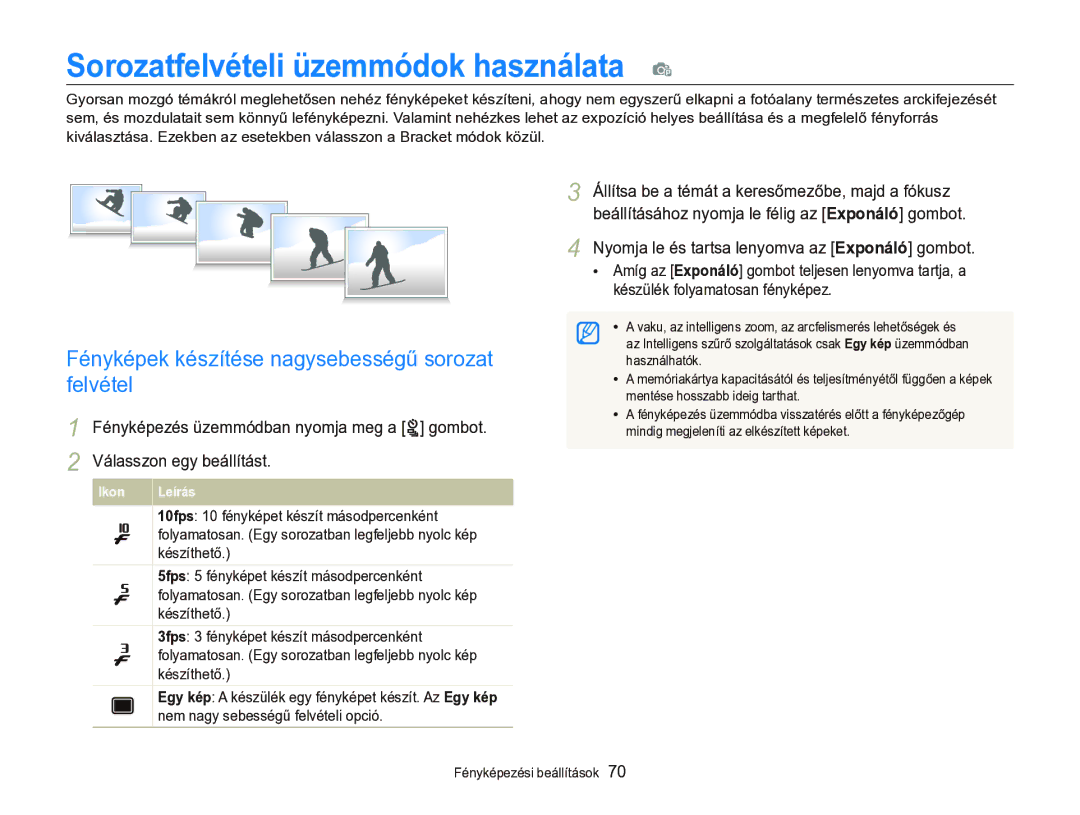 Samsung EC-ST96ZZBPBE2 manual Sorozatfelvételi üzemmódok használata p, Fényképek készítése nagysebességű sorozat felvétel 