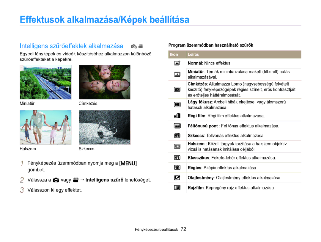 Samsung EC-ST96ZZBPBE2 manual Effektusok alkalmazása/Képek beállítása, Intelligens szűrőeffektek alkalmazása p 